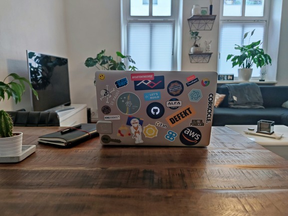 Laptop with custom stickers.