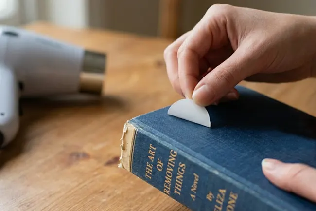 A person carefully peeling a white sticker off the spine of a blue book.
