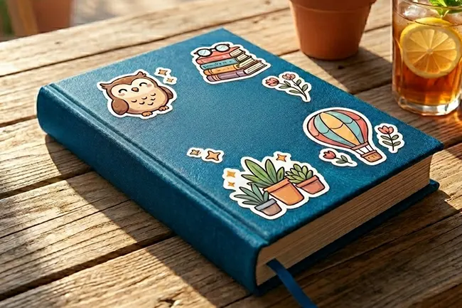 A blue hardcover book with colorful stickers to demonstrate how to remove stickers from books.