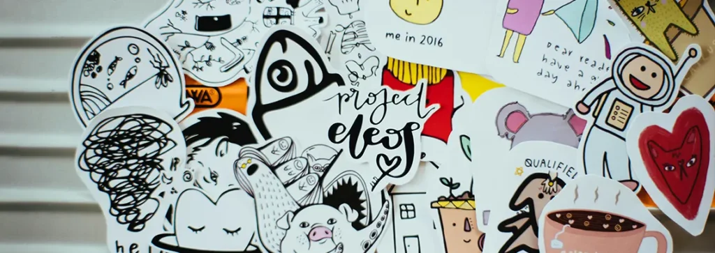 A vibrant sticker therapy collage of hand-drawn artistic stickers.