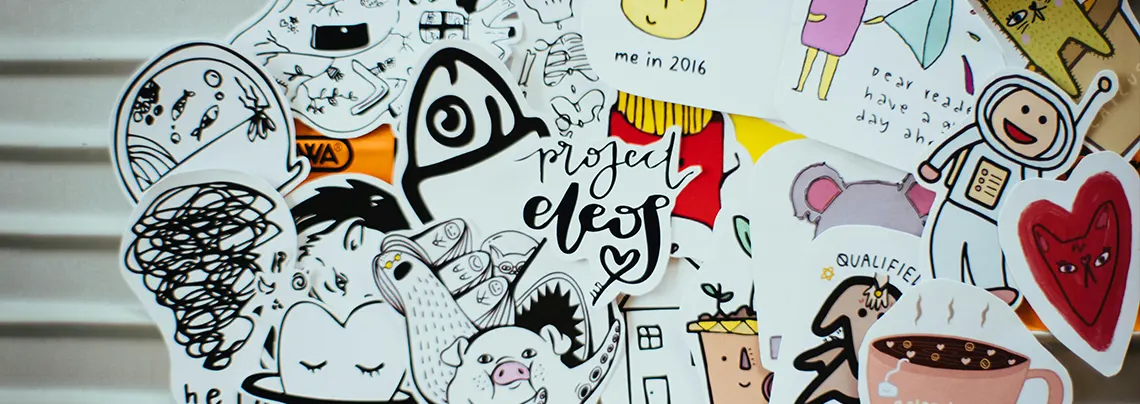 A vibrant sticker therapy collage of hand-drawn artistic stickers.