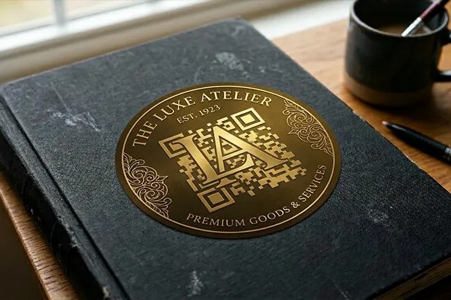 Gold QR code sticker on a notebook demonstrating interactive design elements.