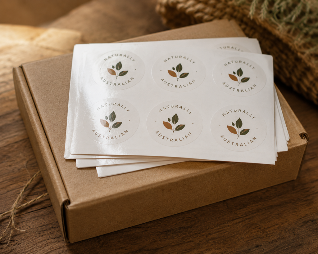 Sticker sample pack of custom circular branding stickers resting on a brown cardboard box.