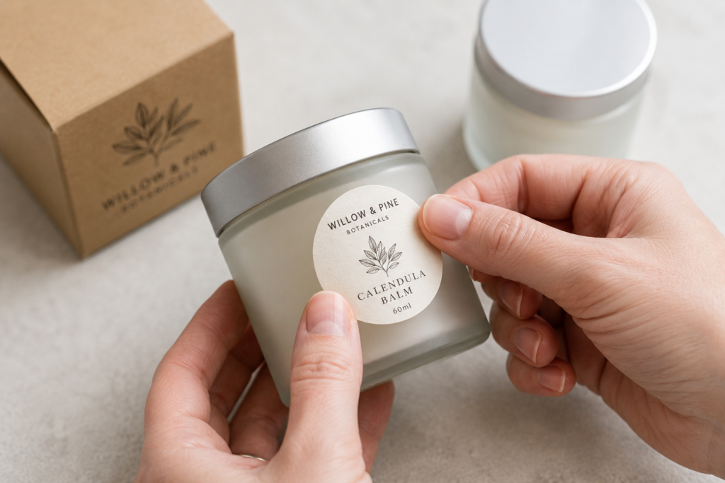 Peeling a label from a sticker sample pack to test adhesion on a frosted glass jar.