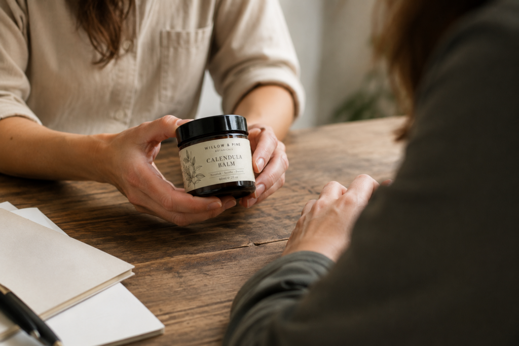 Brand owner inspecting the print alignment and finish on a custom labeled jar.
