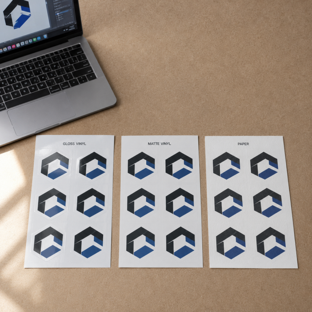 Gloss vinyl, matte vinyl, and paper sheets from a sticker sample pack next to a laptop.