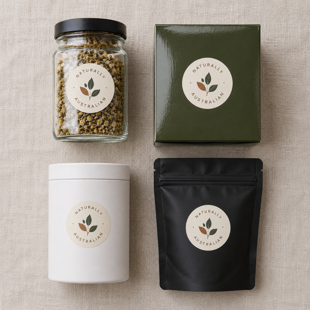 Testing stickers on a glass jar, box, plastic container, and pouch.