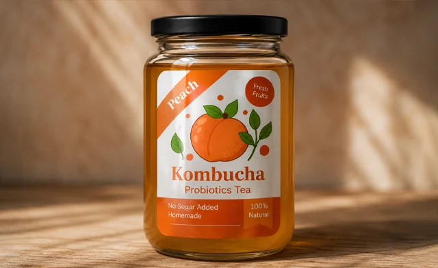 A glass jar filled with peach kombucha tea showcasing a vibrant, securely applied orange product label with strong adhesion.
