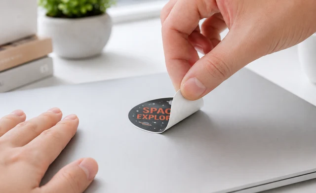 A hand effortlessly lifting a round space exploration sticker off a silver laptop to show the benefits of permanent vs removable stickers.