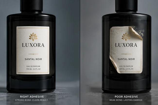 A side-by-side permanent vs removable stickers comparison showing a perfectly bonded luxury label next to a peeling, poorly adhered version.