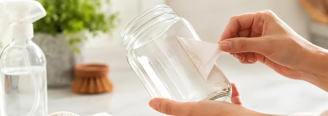 A person struggling to tear off a permanent paper sticker from a clear glass jar, leaving messy paper residue behind.