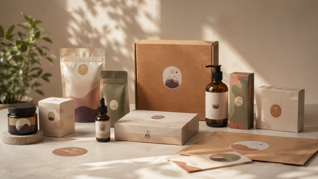 A collection of skincare bottles, pouches, and shipping boxes featuring abstract landscape labels.