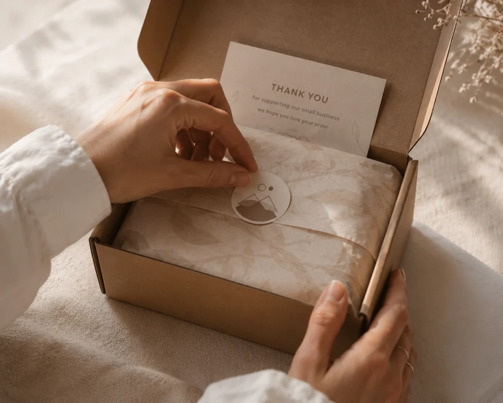 Hands sealing patterned tissue paper inside a cardboard shipping box with a mountain sticker.