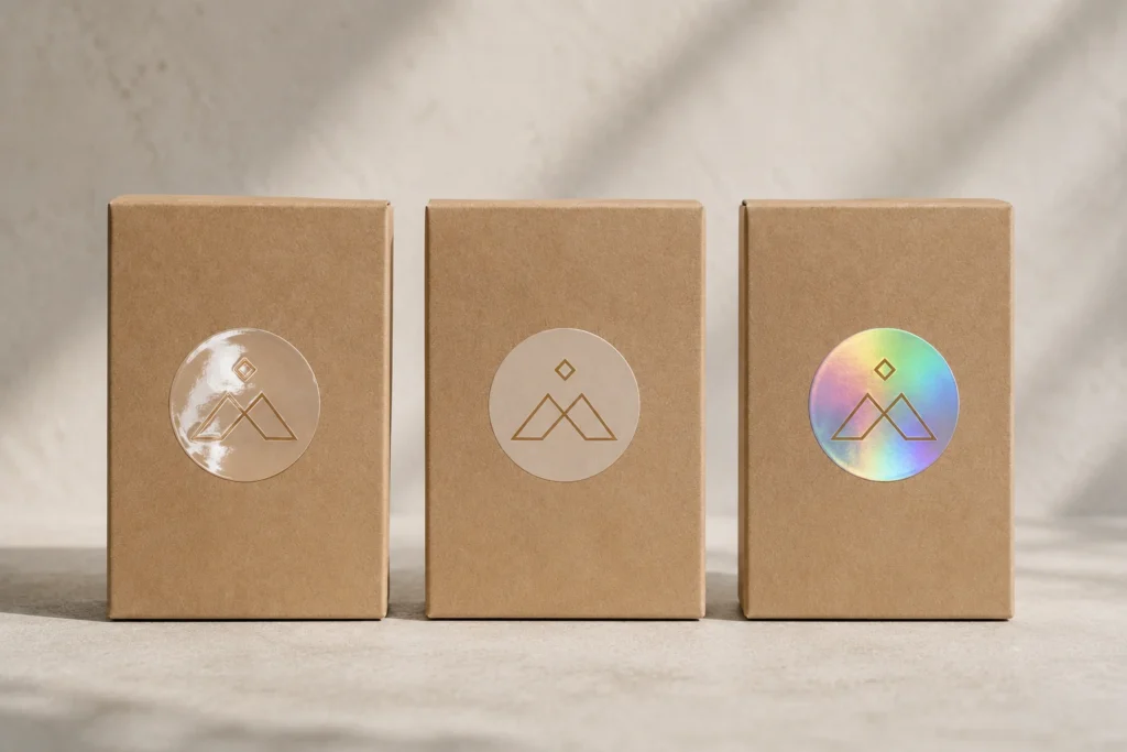 Three cardboard boxes comparing glossy, matte, and colorful holographic logo stickers.