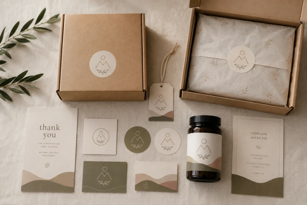 Overhead view of a modern brand identity kit with matching boxes, cards, and stickers.