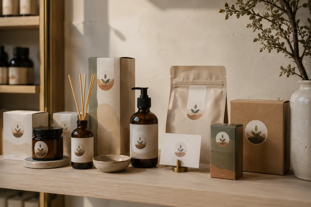Skincare and wellness products with matching leaf logos displayed on a wooden shelf.