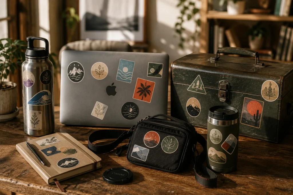 A laptop, water bottle, notebook, and old toolbox covered in nature and travel stickers.