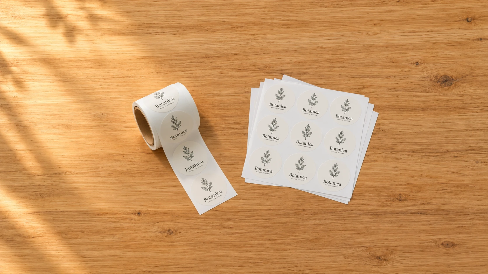 A label roll next to a sticker sheet on a wooden table, illustrating options for product labelling efficiency in Australia.