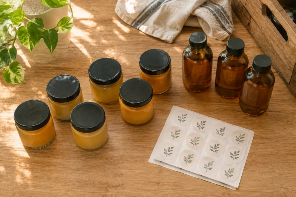 Glass cosmetics jars and amber bottles arranged on a wooden table beside a sheet of round botanical product labels.