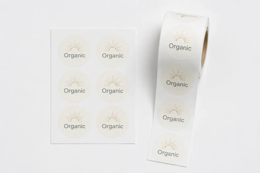 A roll of round Organic stickers next to a sheet of labels on a plain white surface.