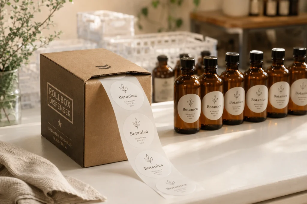 A rollbox dispenser designed in Australia feeding custom Botanica body oil labels onto amber glass bottles for maximum product labelling efficiency in Australia.