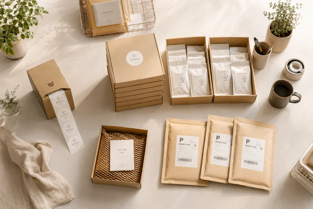 An organized order packaging tabletop featuring Botanica branded boxes, shipping mailers, and custom roll labels boosting product labelling efficiency in Australia.
