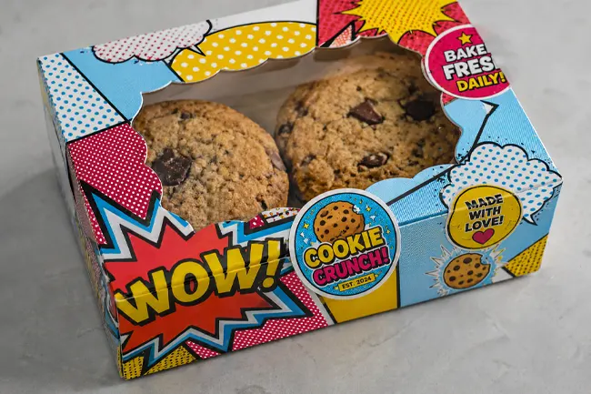 Cookie box packaging using Pop Art design with bold typography, halftone textures, and comic-style speech bubbles