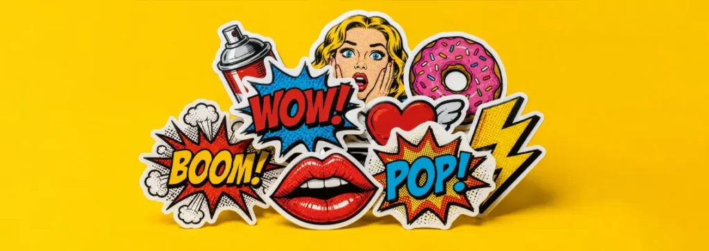 Pop Art in modern design: custom stickers featuring bold graphics, comic speech bubbles, and vivid flat colours on a yellow background