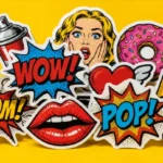 Pop Art in modern design: custom stickers featuring bold graphics, comic speech bubbles, and vivid flat colours on a yellow background