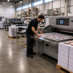 Print shop operator trimming large sheets that use bleed in print.