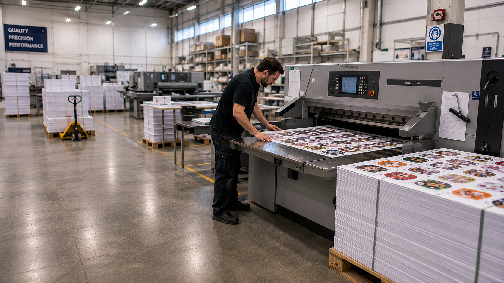 Print shop operator trimming large sheets that use bleed in print.