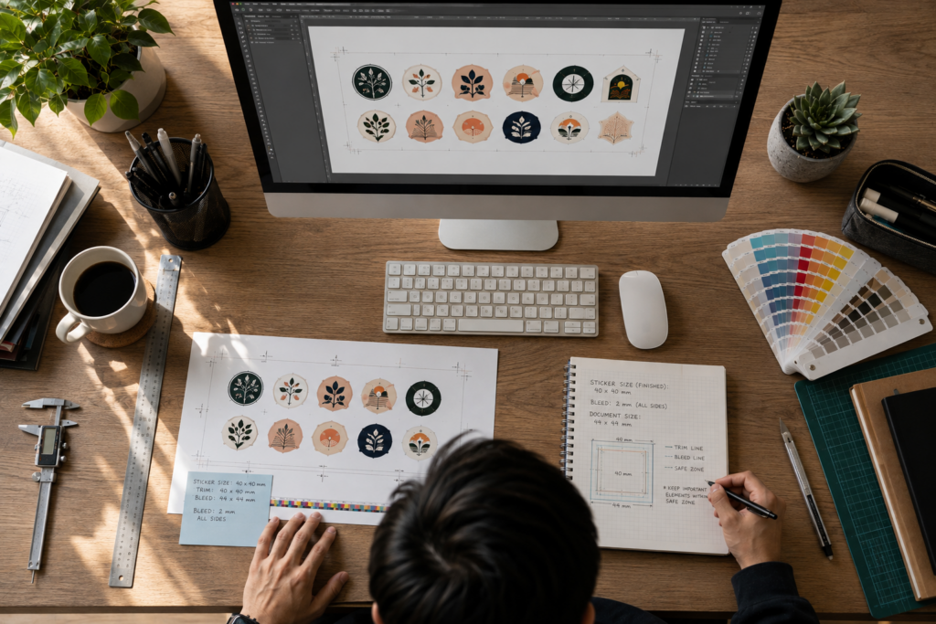 Designer setting up safety margins and for sticker layouts.