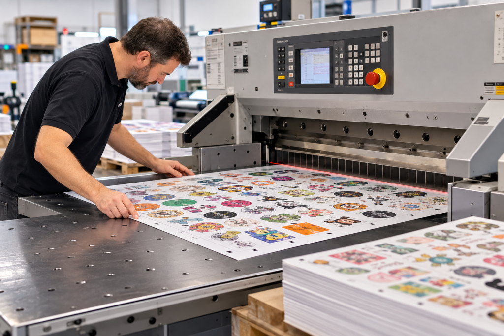 Operator aligning printed sticker sheets using bleed in print on an industrial cutting machine.