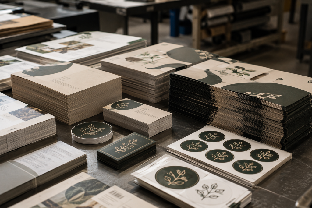 Stacks of eco-friendly packaging and stickers printed.
