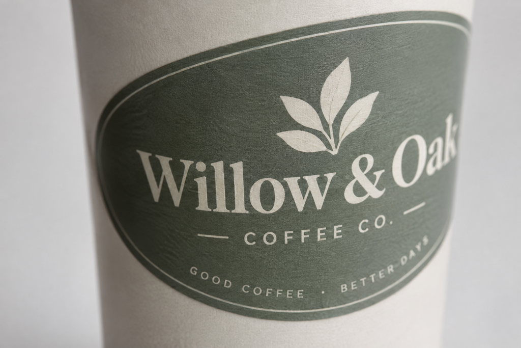 Extreme close-up of a dark green oval paper logo sticker applied to a paper cup.