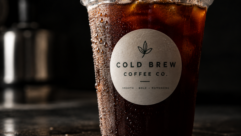 Condensation-covered plastic cup with a custom iced coffee cup design and circular brand label.