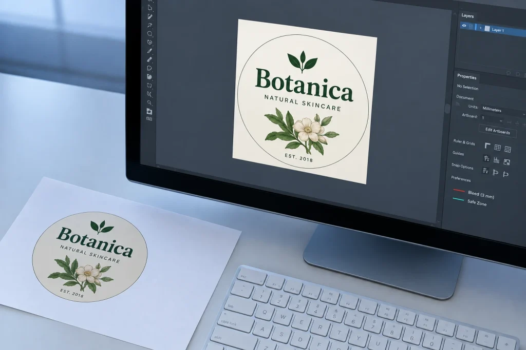 Botanical logo on a monitor screen and printed proof highlighting print literacy for brands.