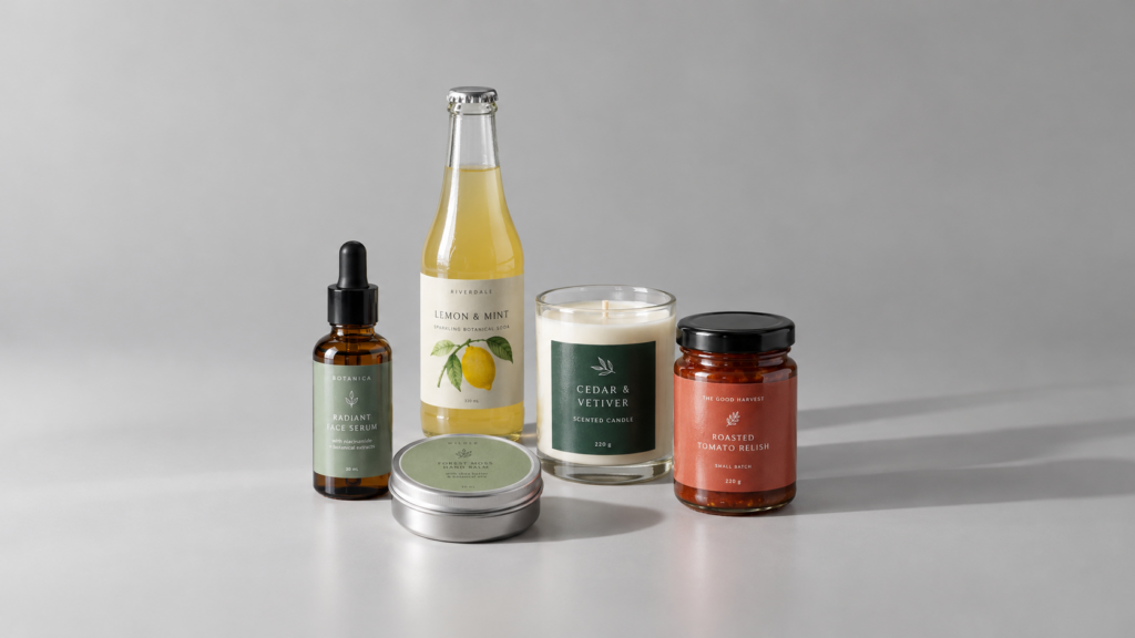 Assorted cosmetic and food packaging displaying various custom print finish options.