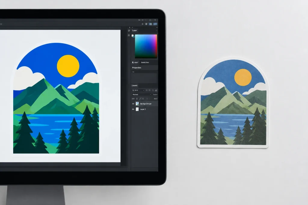 Sticker sheet and color palette guide on a grey desk.