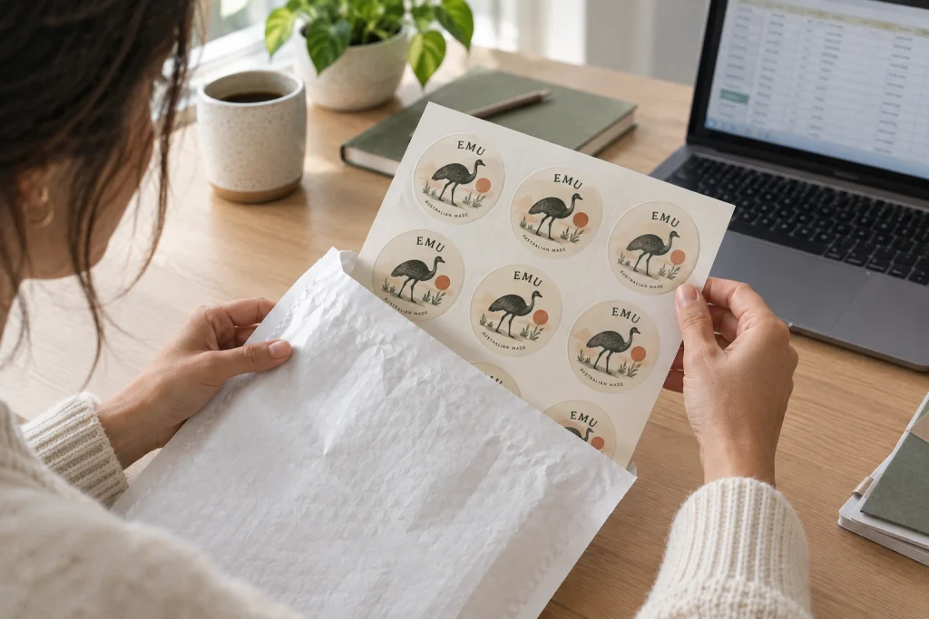 Packing a custom emu sticker sheet into a padded envelope.