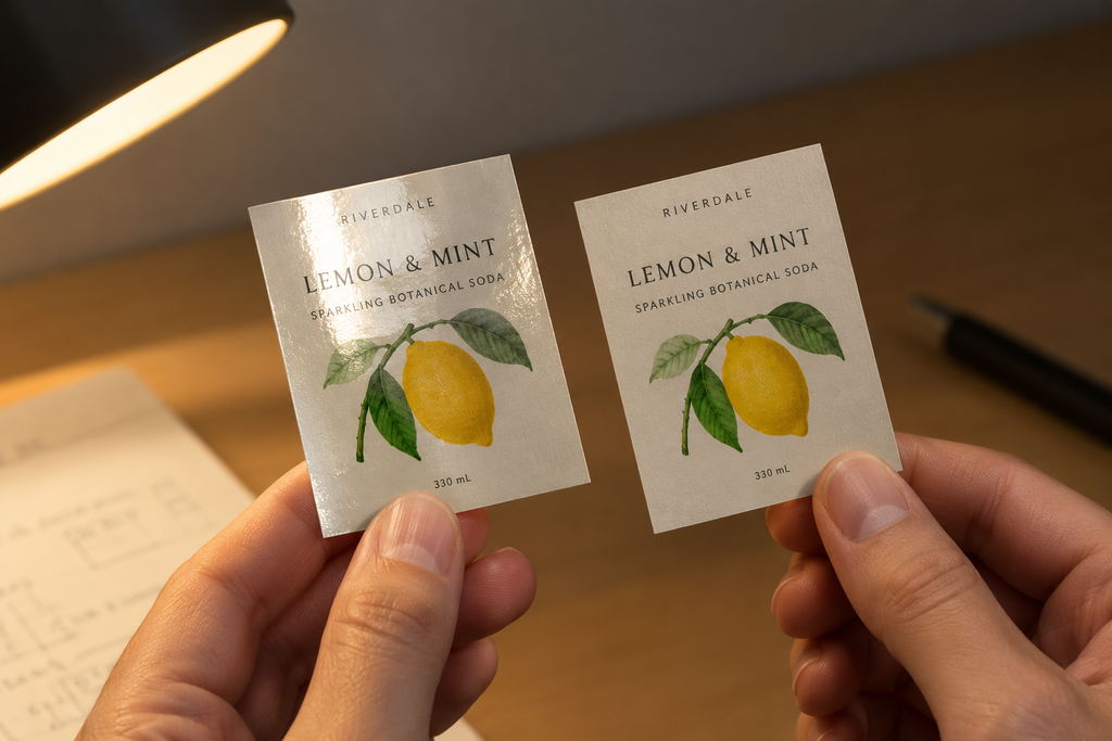 Hands holding glossy and matte Lemon & Mint soda labels to compare print finish.