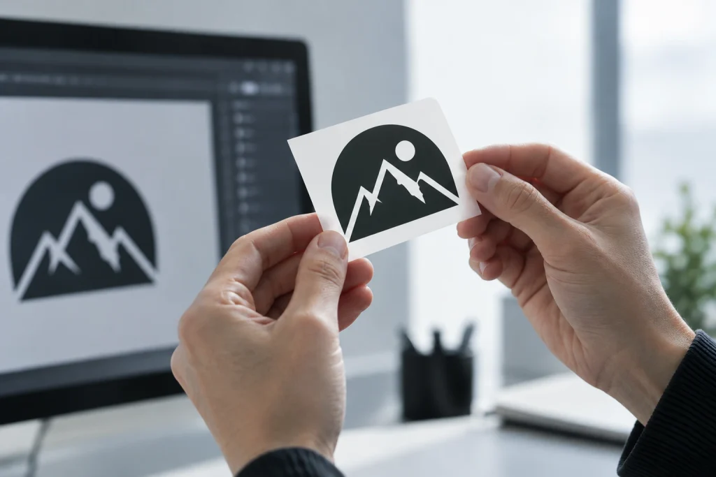 Inspecting a printed mountain logo sticker with print literacy for brands.