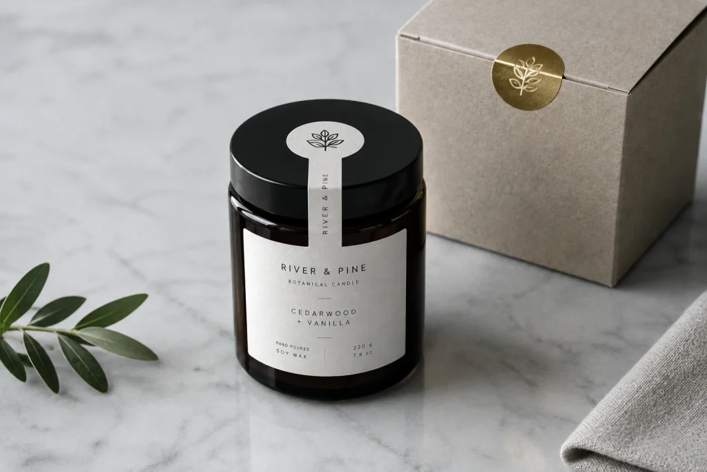 Glass candle jar with a custom paper label next to a boxed set.