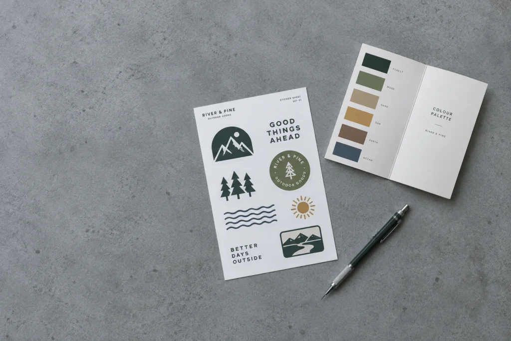 Sticker sheet and color palette guide on a grey desk.