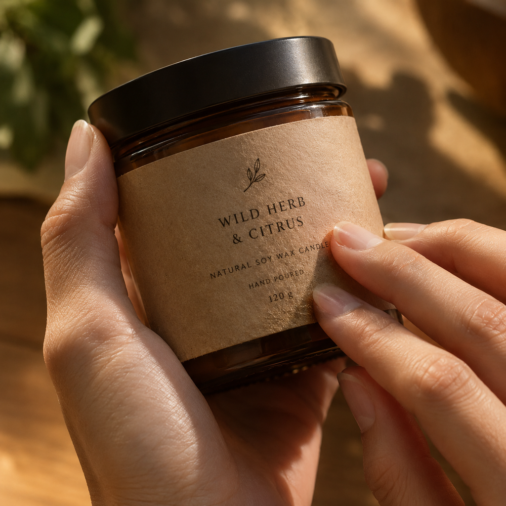 Hands holding an amber glass candle jar with a textured kraft paper label.