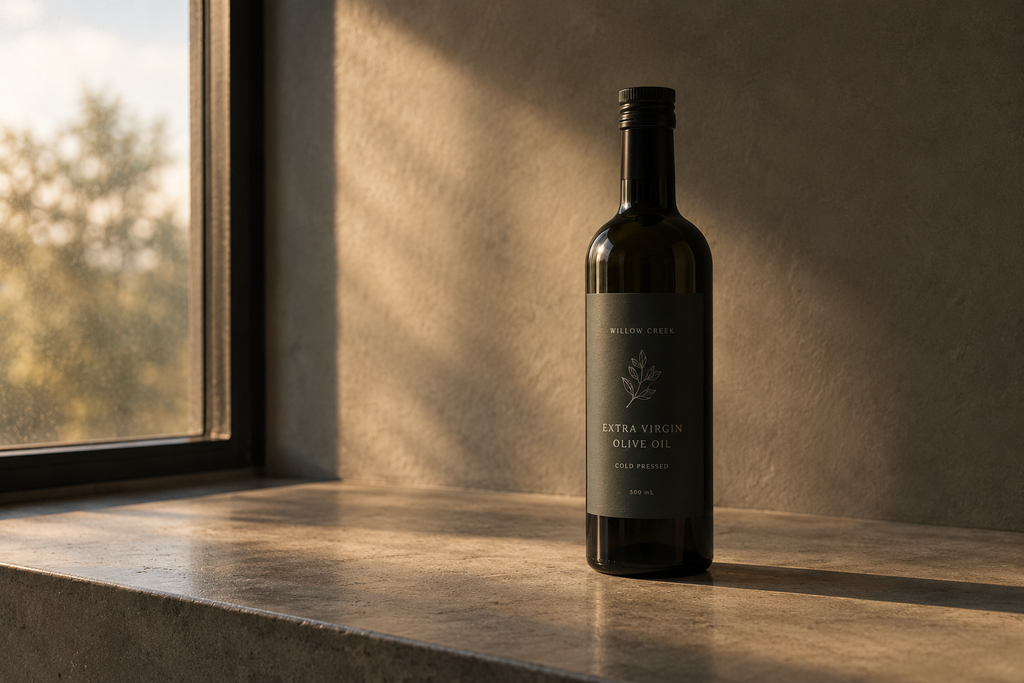 Dark glass olive oil bottle with a dark matte label in warm window light.